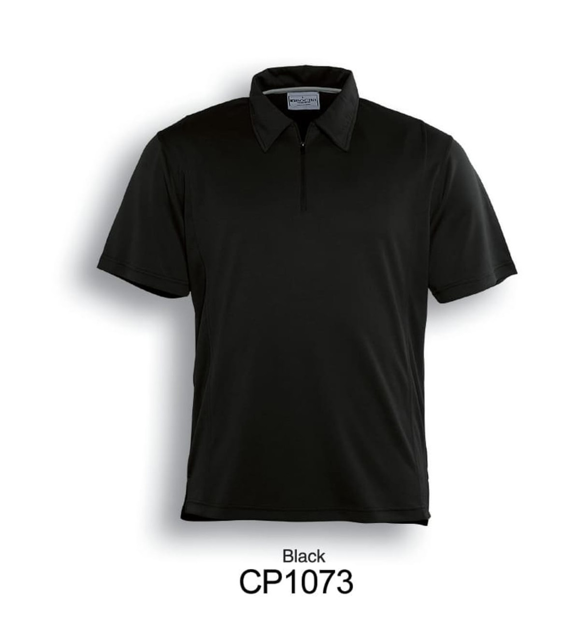A black unisex golf polo shirt with a collar and a logo on the chest.