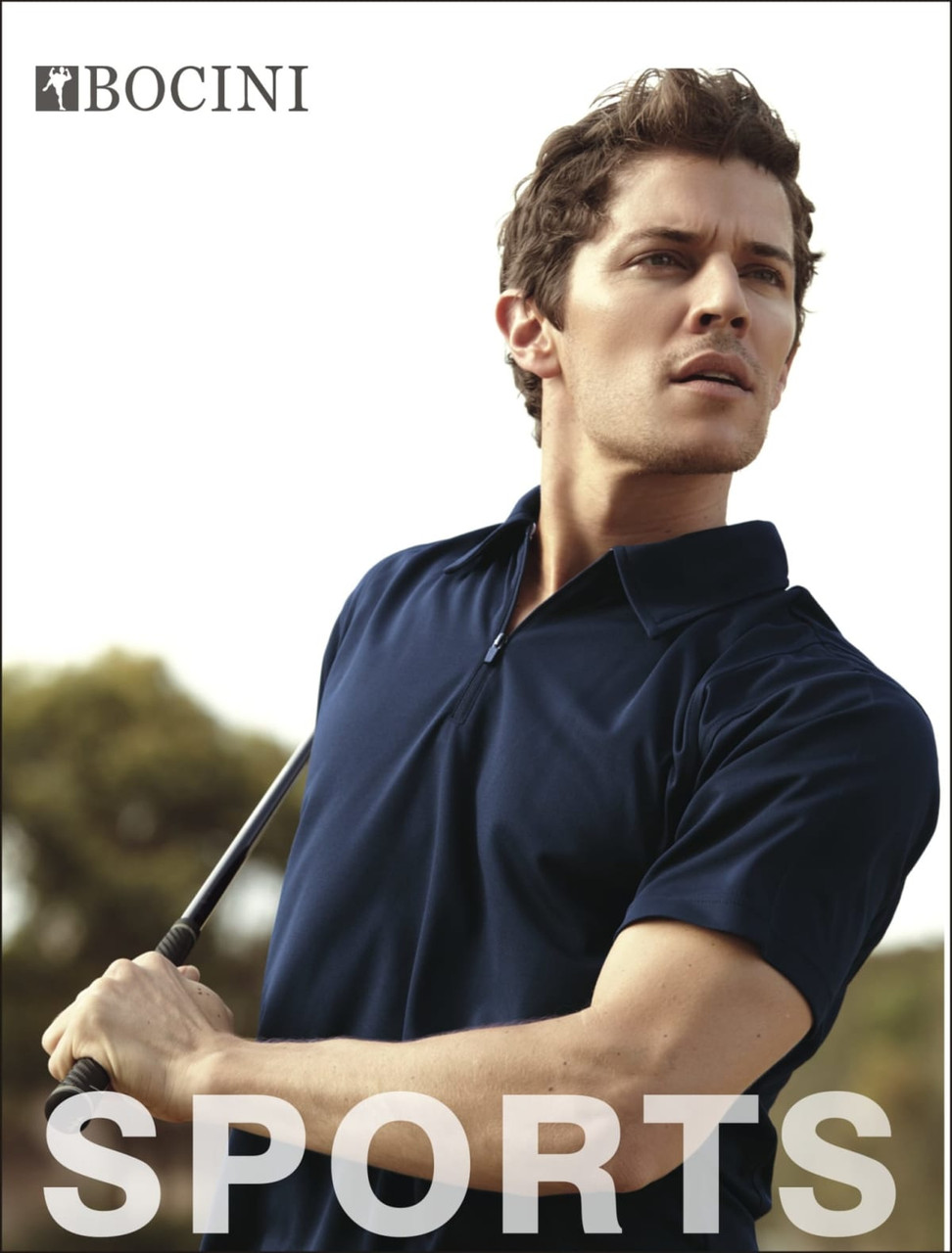 A navy blue unisex adult golf polo shirt with a logo, featuring a male model in a sports setting.