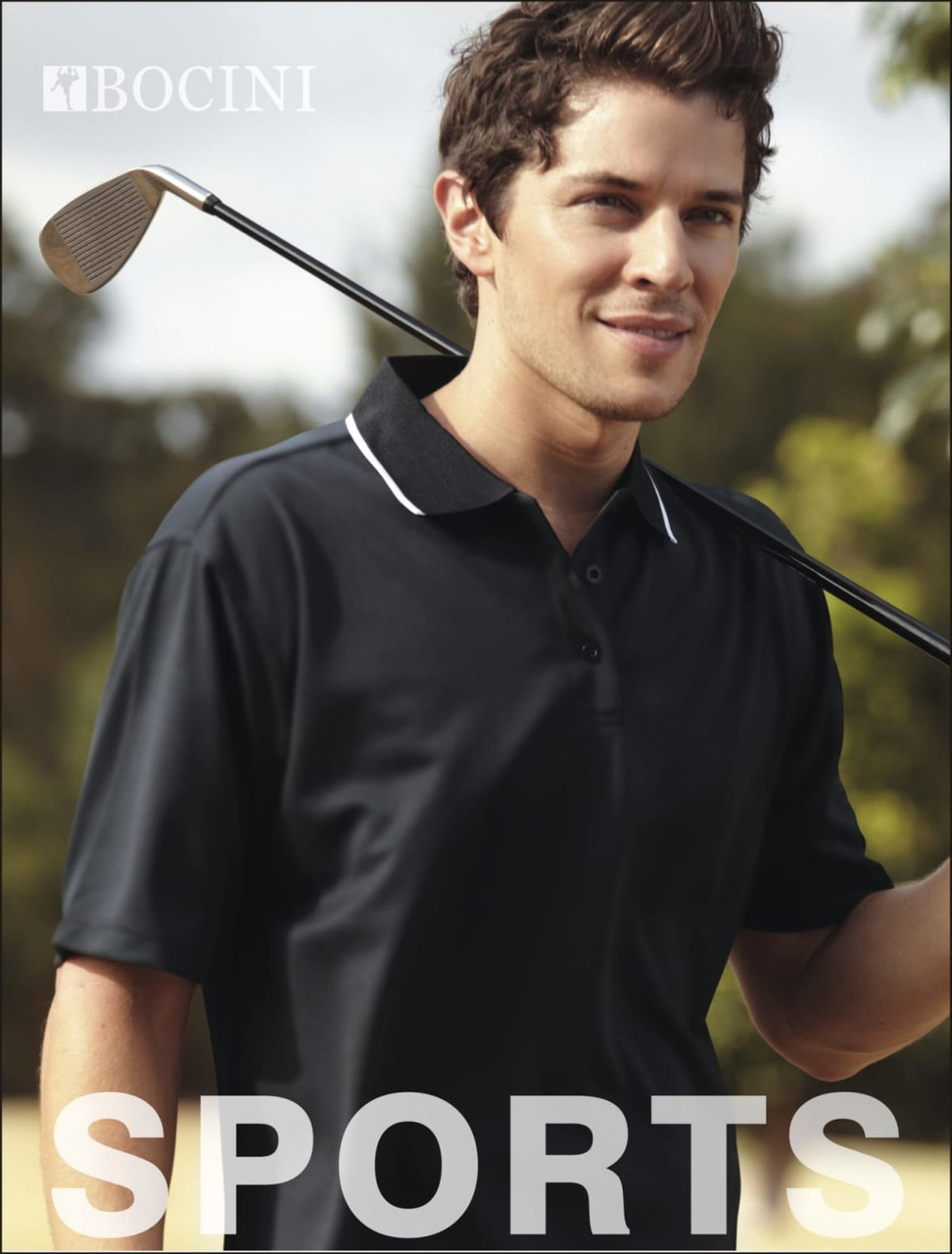 A man wearing a black unisex polo shirt holds a golf club, set against a lush outdoor background.