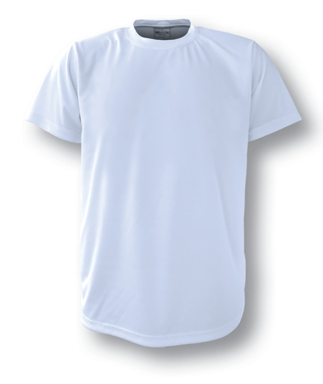 A plain white sublimation t-shirt with short sleeves and a rounded hem. It features a logo on the label.