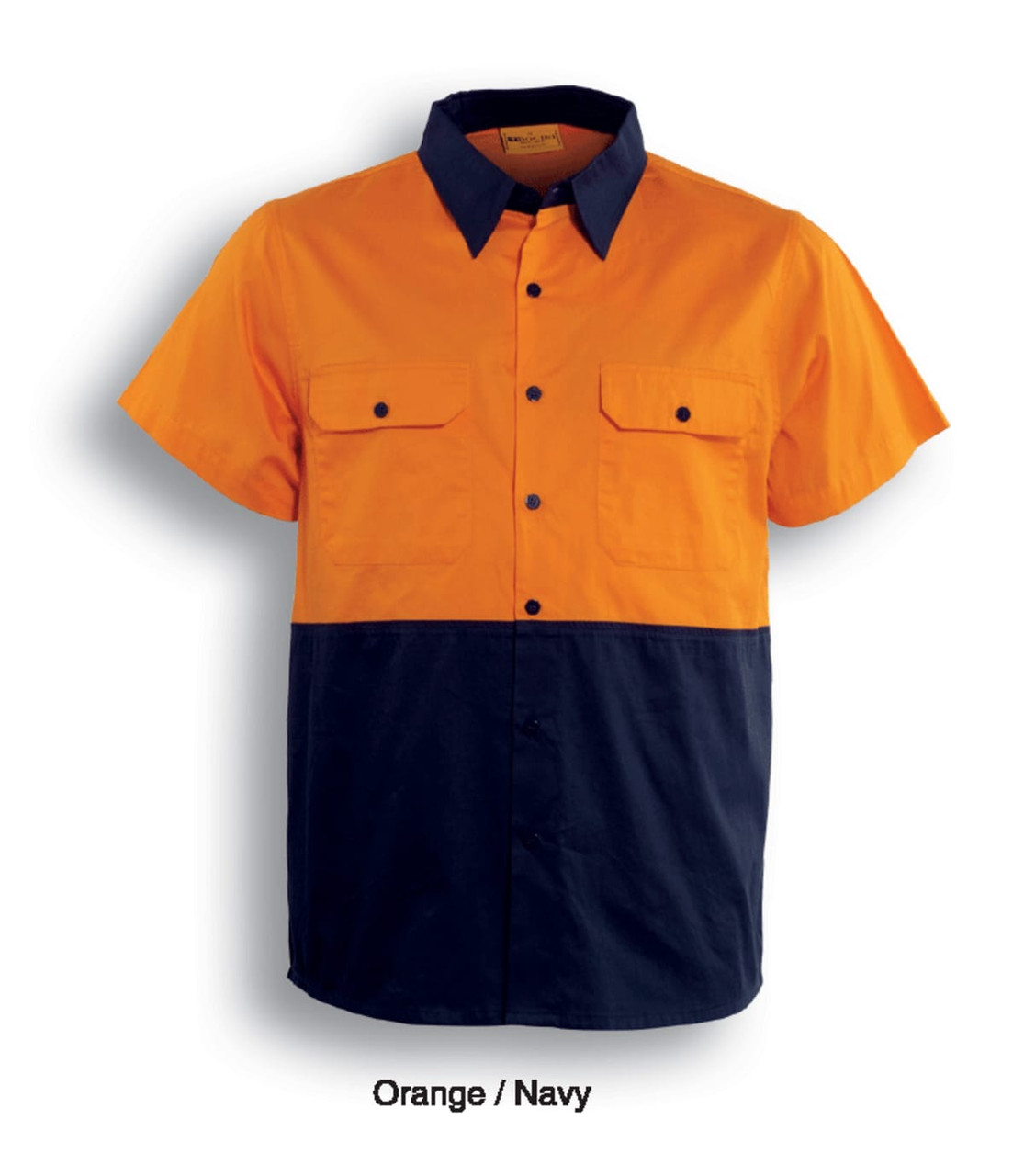 A short-sleeved hi-vis work shirt in orange and navy, featuring two chest pockets and a button-up front.