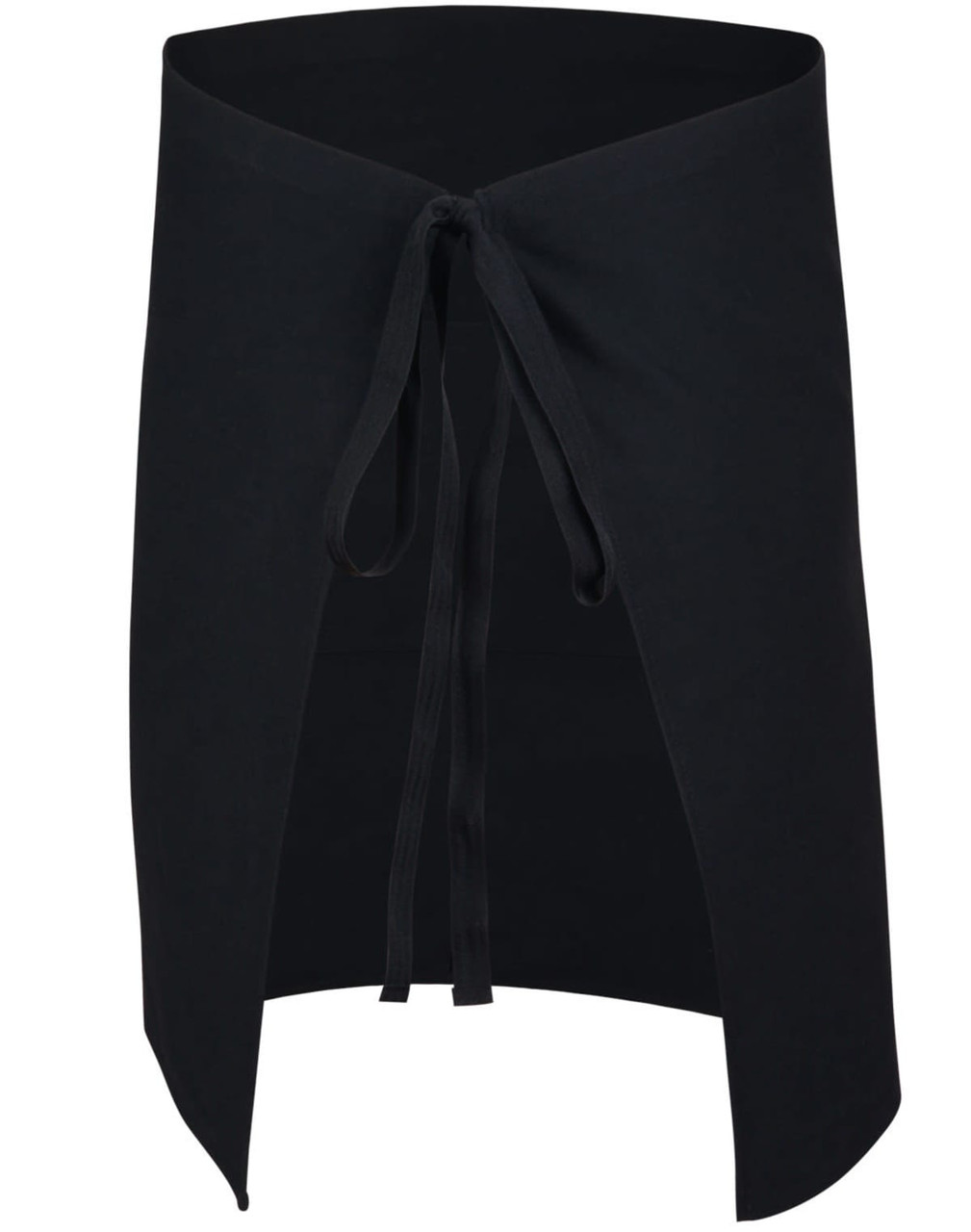 A black short waist apron featuring a tie closure and a sleek design, suitable for various work settings.