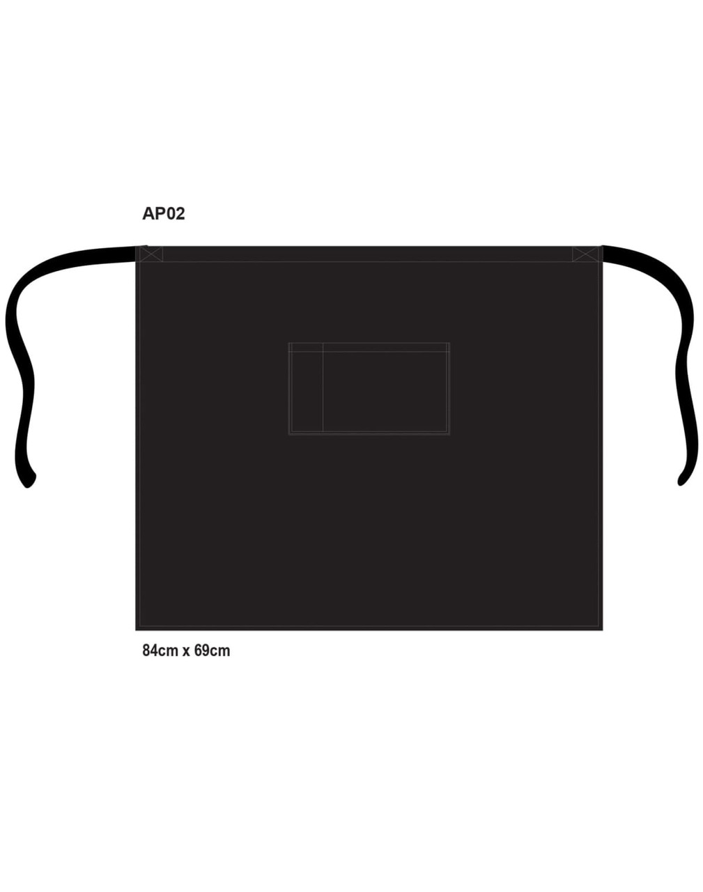 A black short waist apron with ties and a pocket, measuring 84cm x 69cm, featuring a logo.