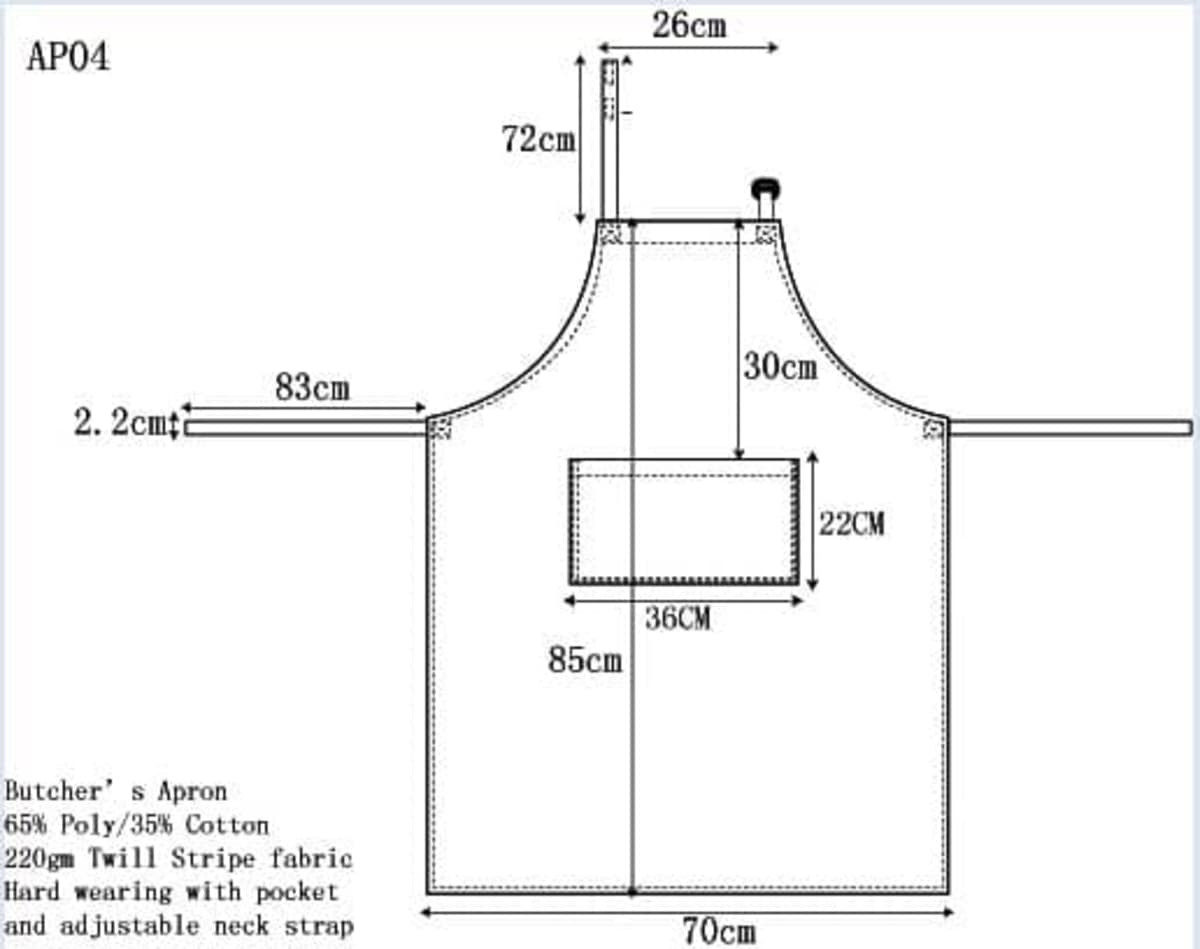 A technical illustration of a butcher's apron in black and white, featuring measurements and a pocket design.