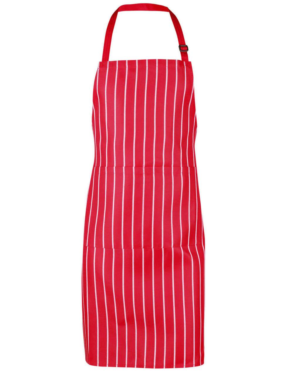 A red striped butcher's apron with a neck strap and front pockets. It features a logo at the top.
