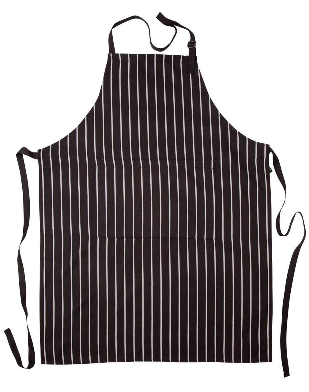 A black and white striped butcher's apron featuring a front pocket and adjustable ties.