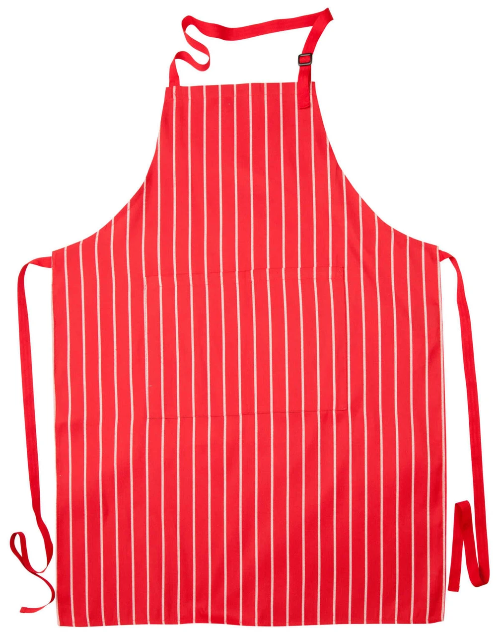 A red and white striped butcher's apron with ties and pockets. It features a logo on the fabric.