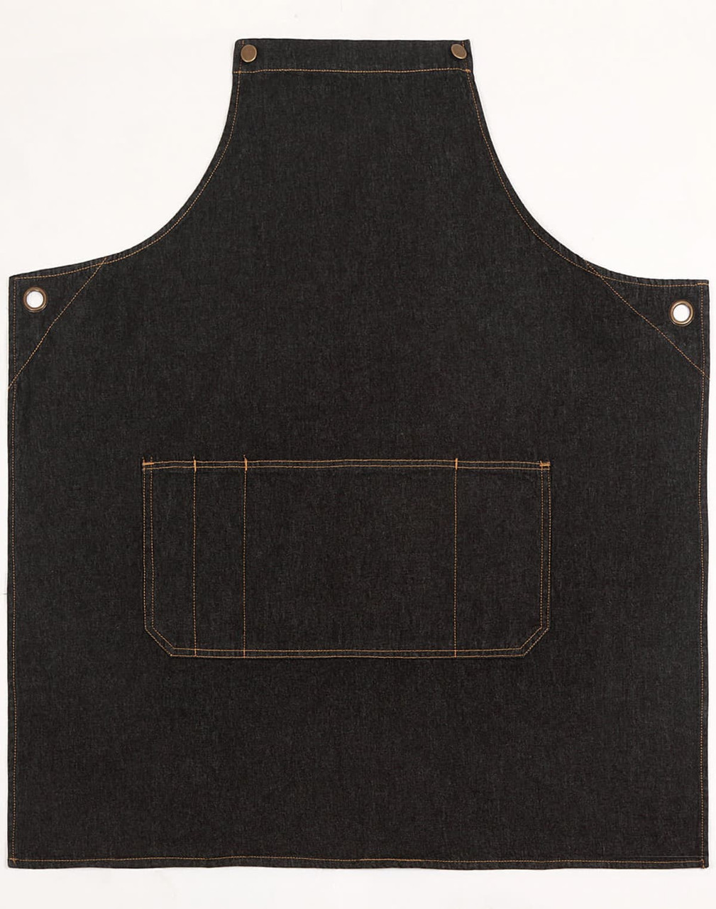 A dark denim bib apron featuring a front pocket and metal eyelets. It has a simple, durable design suitable for work.