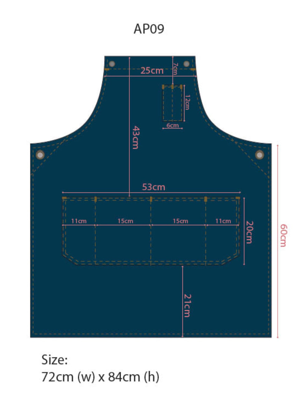 A dark blue denim bib apron featuring multiple pockets and a logo. Measurements are included in the design.