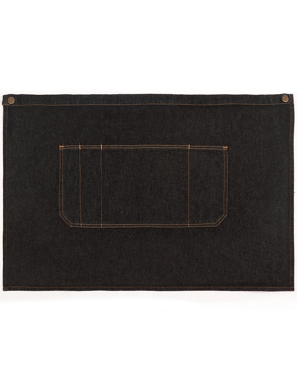 Denim half apron in dark blue with an orange-stitched pocket and a button closure. Features a logo on one side.