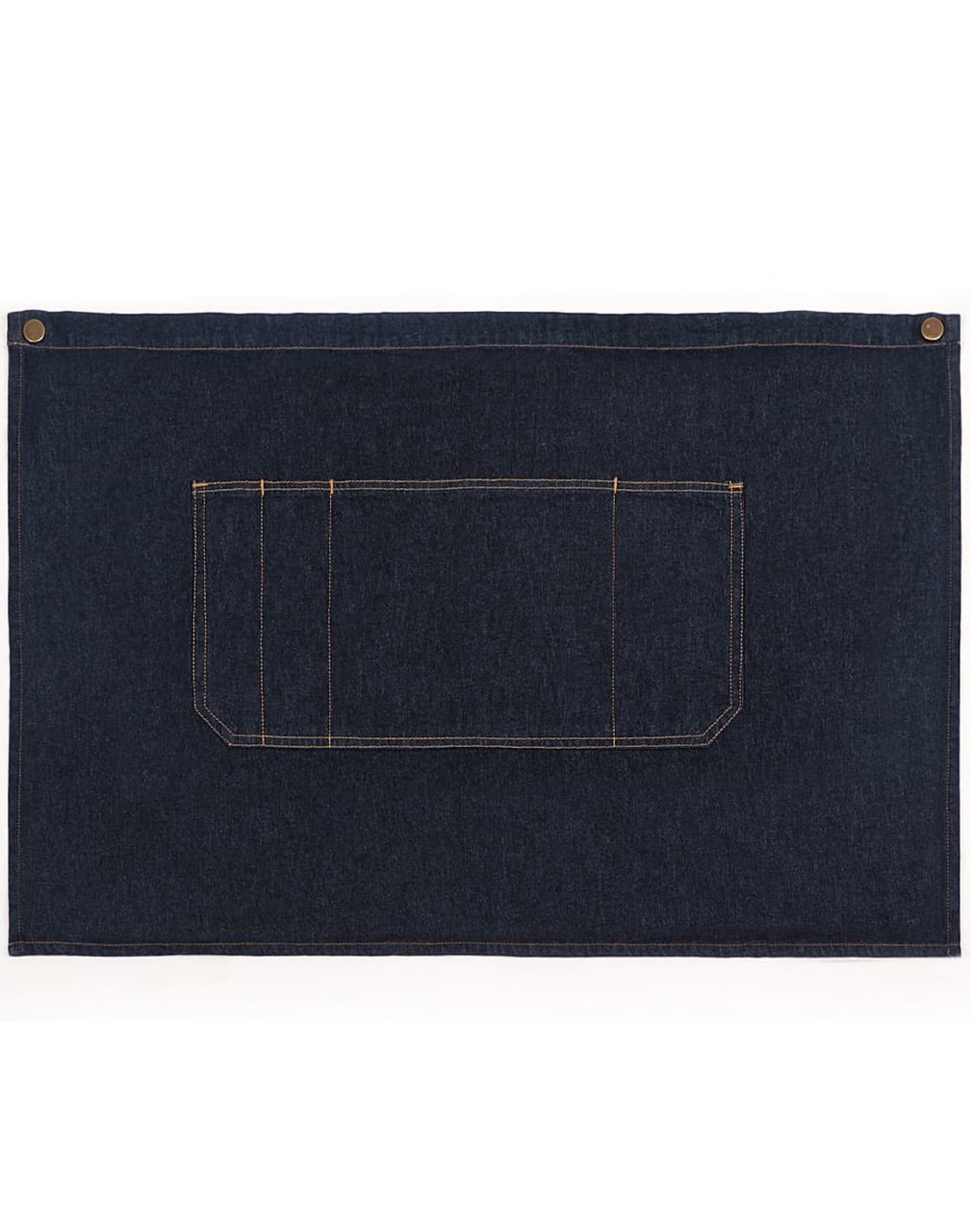 A denim half apron in dark blue, featuring a front pocket and two brass buttons.