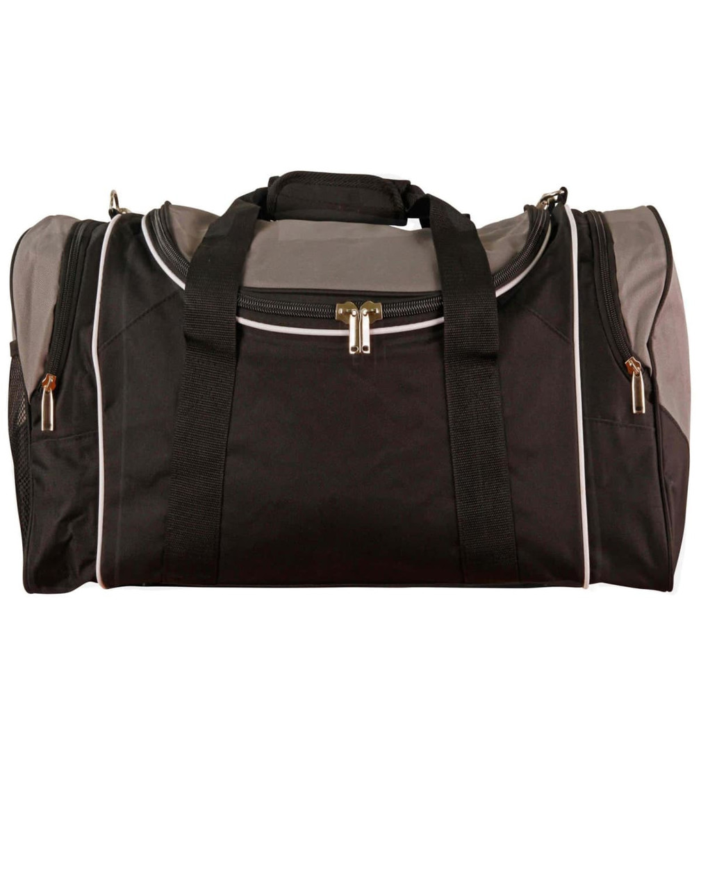 A black and grey duffle bag with dual handles and a zipper compartment, featuring a logo on the side.