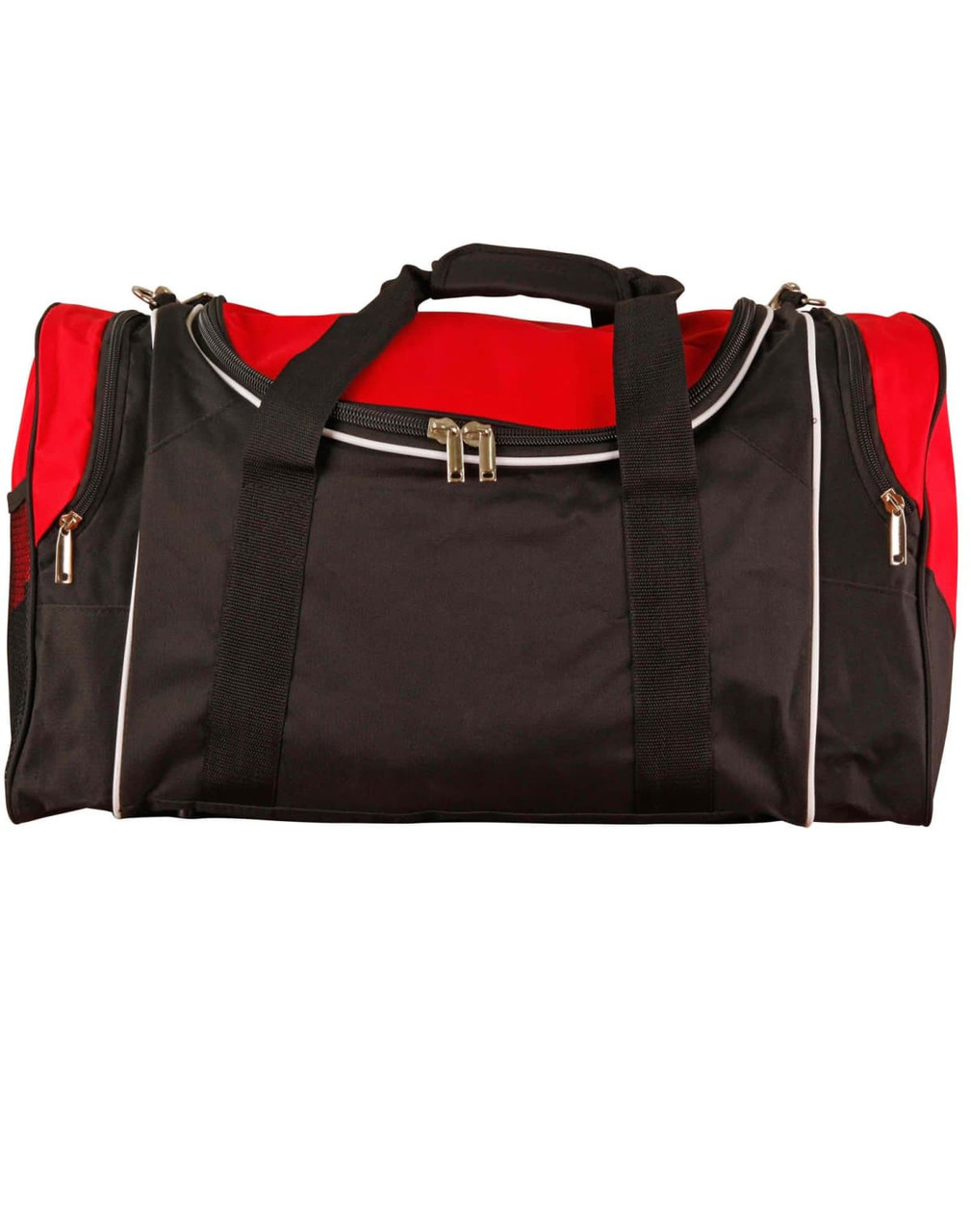A red and black duffle bag with sturdy handles and a zippered main compartment, featuring a logo.