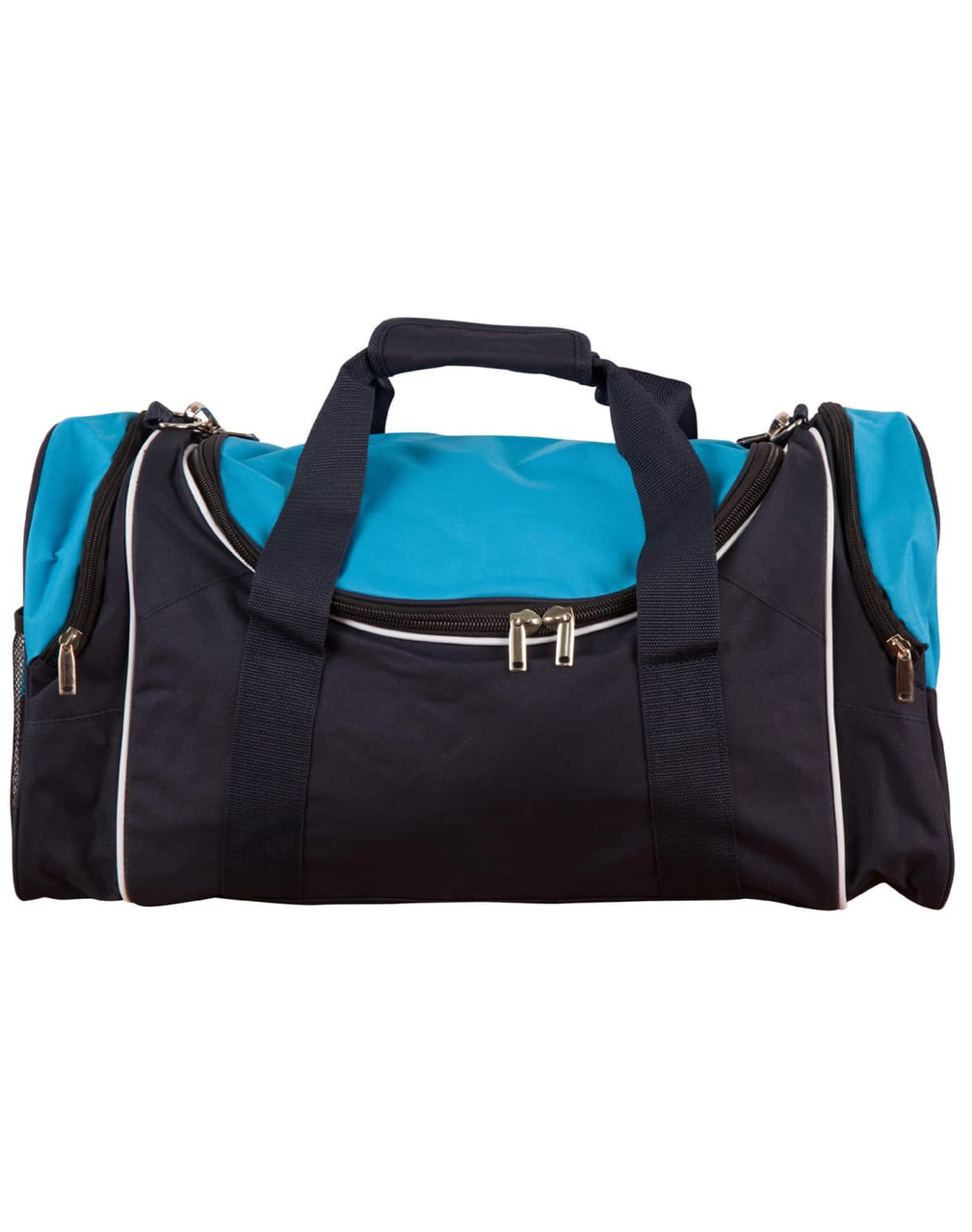 A duffle bag in navy blue and turquoise, featuring a zippered main compartment and carry handles. It has a logo.