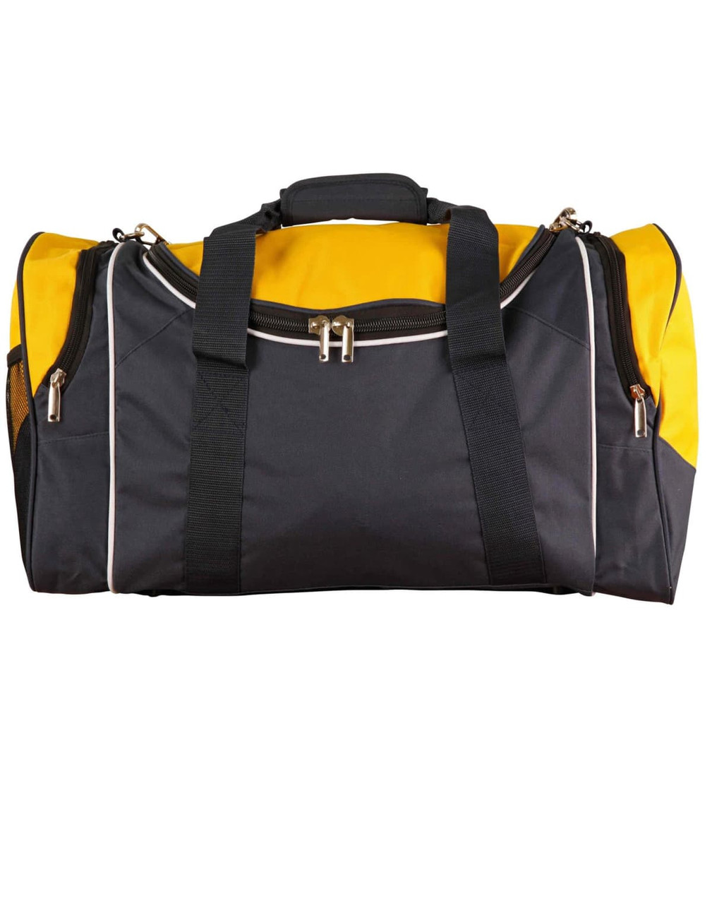 A black and yellow duffle bag with two handles and a zippered compartment, featuring a logo on the side.