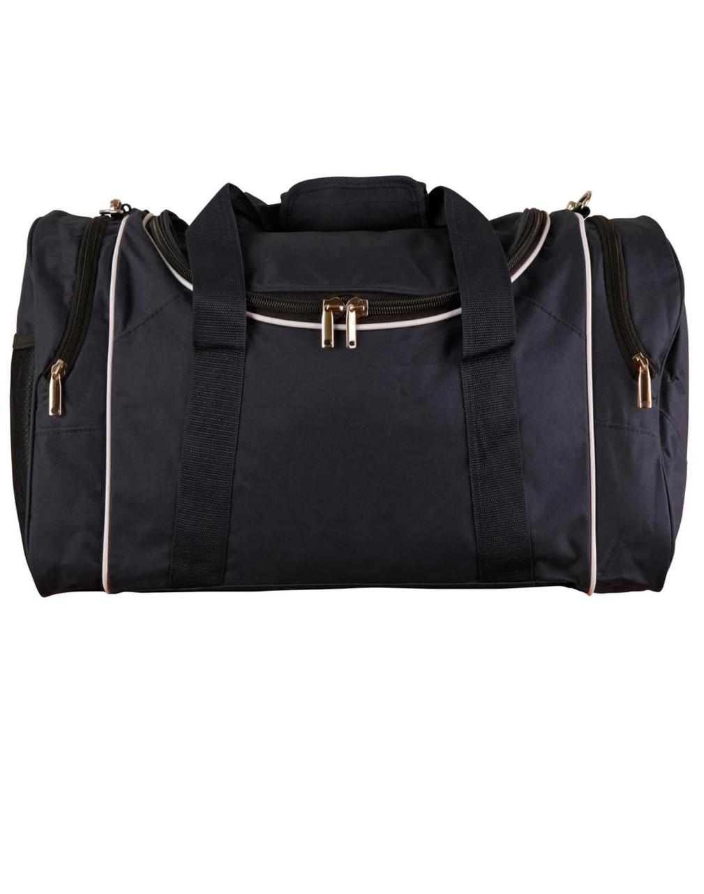 A black duffle bag with contrasting white piping, featuring dual handles and a zippered closure. It has a logo.