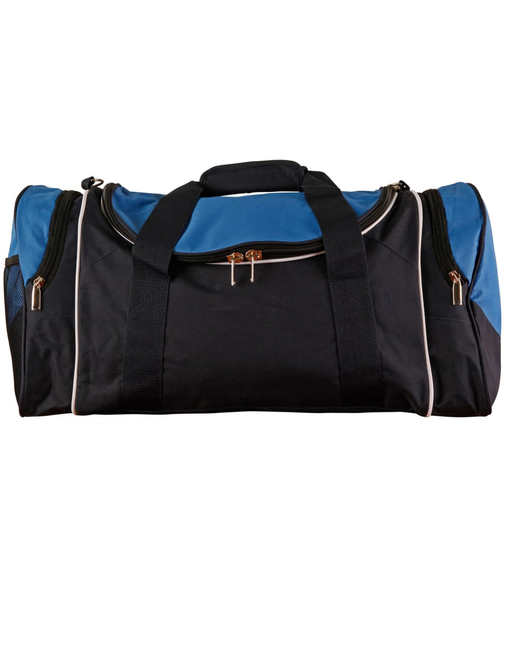 A duffle bag featuring black and blue panels, with zip closures and carrying handles. It has a logo on one side.