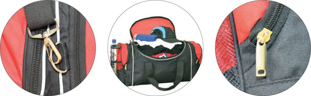 A black and red duffle bag with a zipper, inside are clothes and a drink bottle. The bag features a logo.