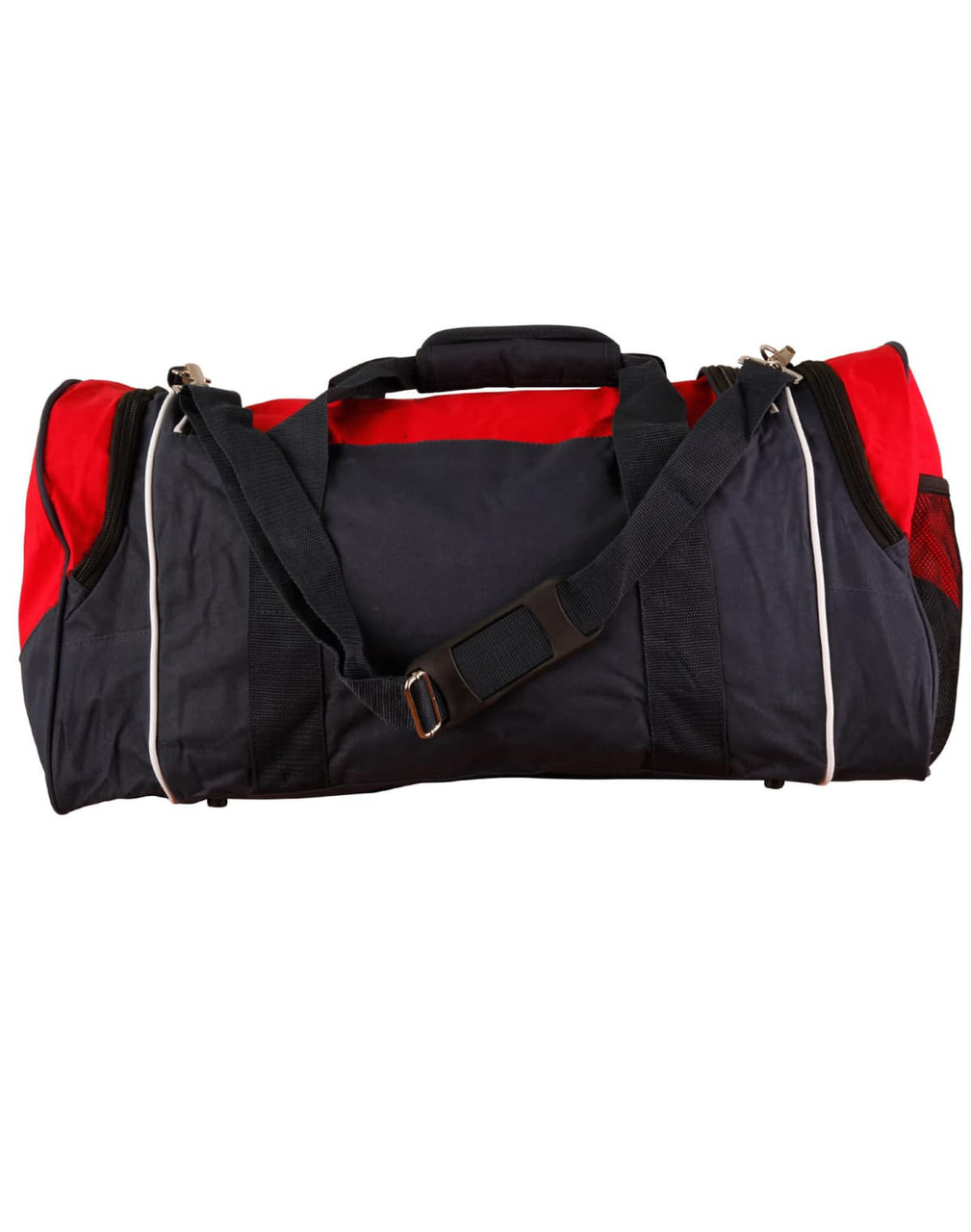 A black and red duffle bag with shoulder straps and side pockets, featuring a logo on the front.