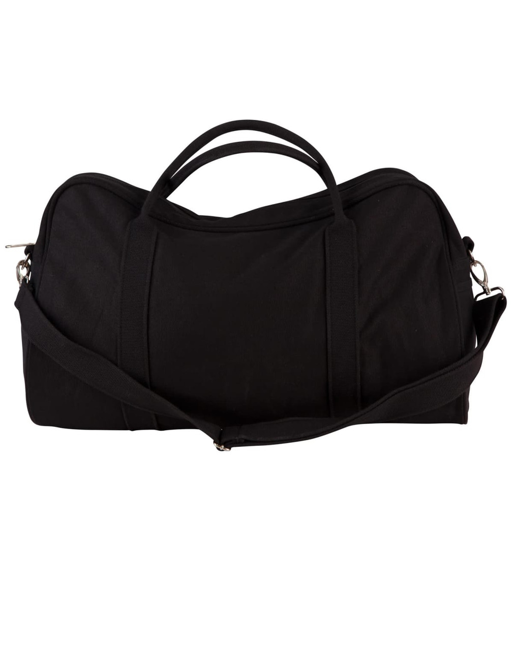 A black cotton canvas sports bag featuring dual handles and an adjustable shoulder strap. It has a logo on the front.