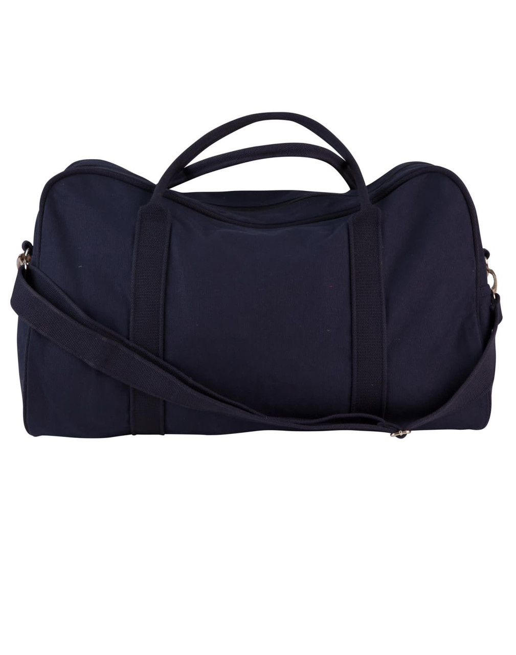A dark navy cotton canvas sports bag with handles and a detachable strap. It features a logo on the front.
