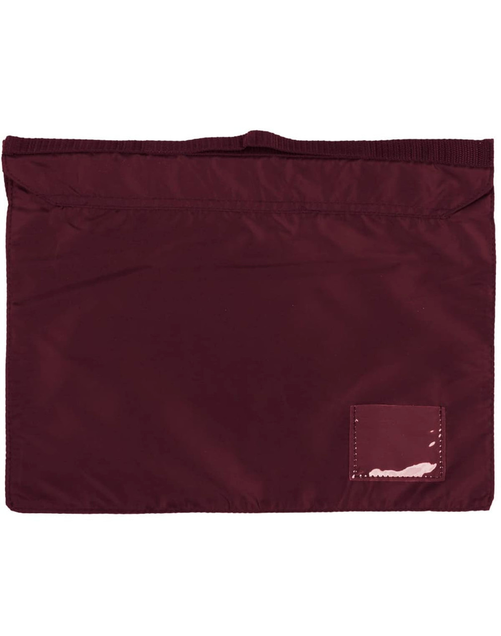 A maroon satchel with a textured surface and a small patch. It has a top opening and no visible logos.