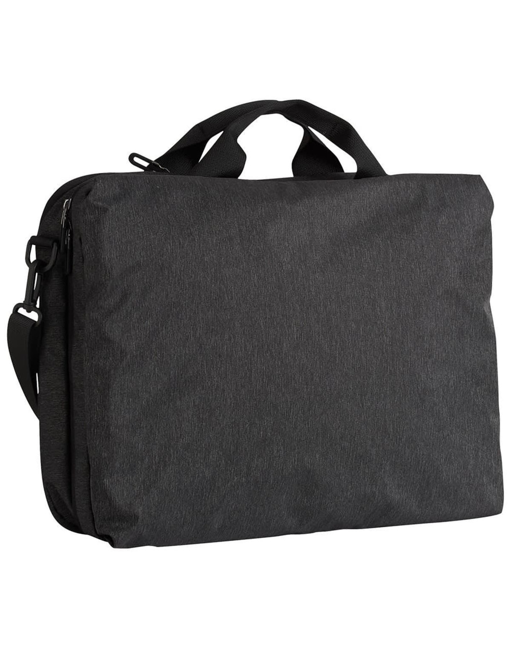 A grey laptop bag with dual handles, a detachable strap, and a subtle branding detail.