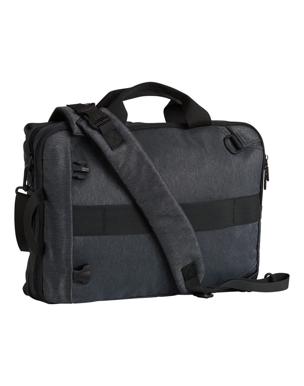 A grey laptop bag with black straps and handles, featuring a logo and adjustable shoulder strap.