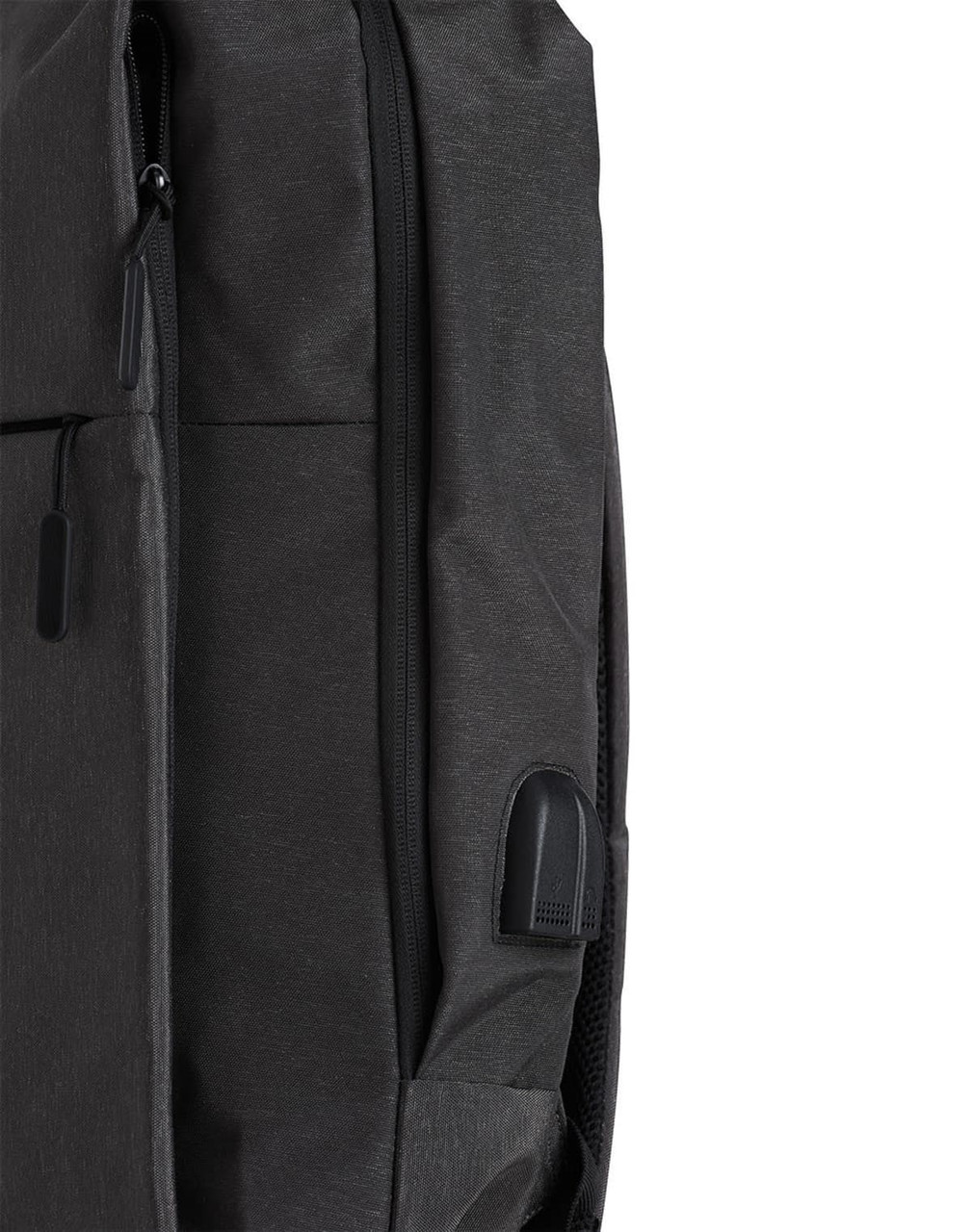 A grey backpack with a sleek design and zippers, featuring a small logo on the side.
