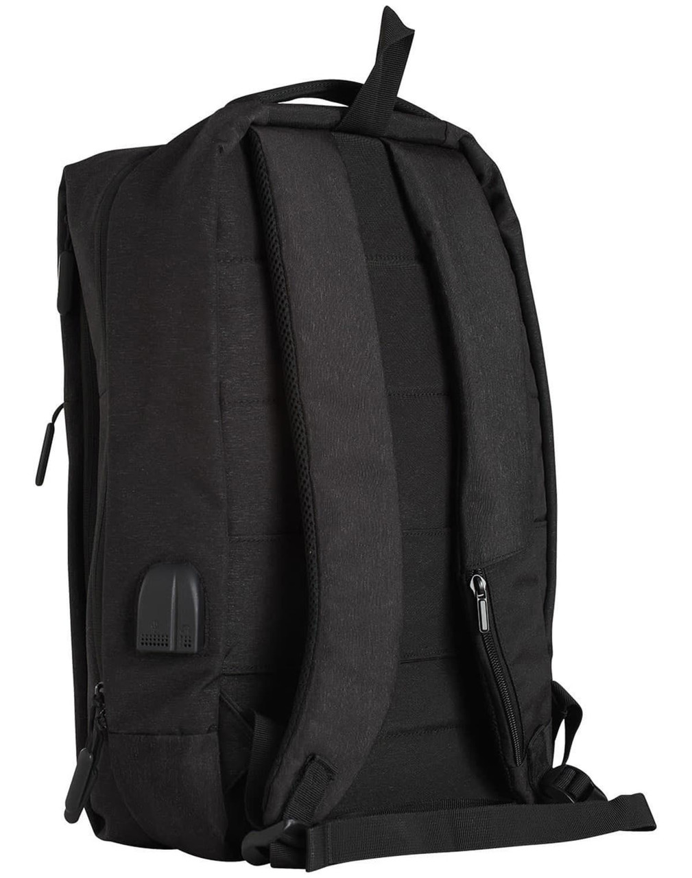 A black heather backpack with padded straps, showcasing a sleek design and a side pocket with a logo.