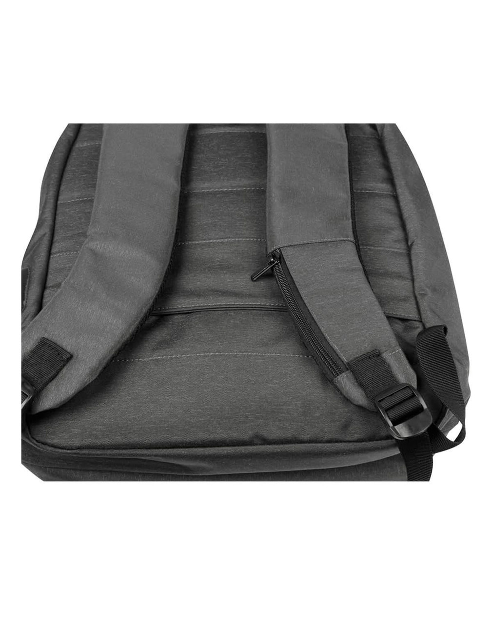 A grey backpack featuring padded straps and a side zip pocket for extra storage.