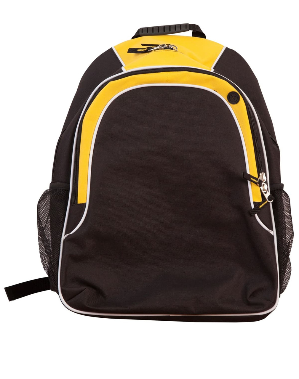 A black and yellow backpack featuring mesh side pockets and a logo on the front.