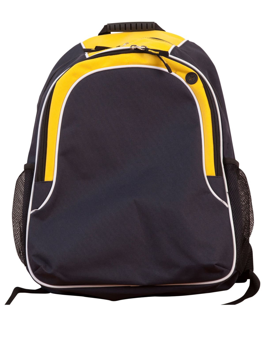 A dark blue backpack with yellow accents and mesh side pockets. It features a logo on the front.