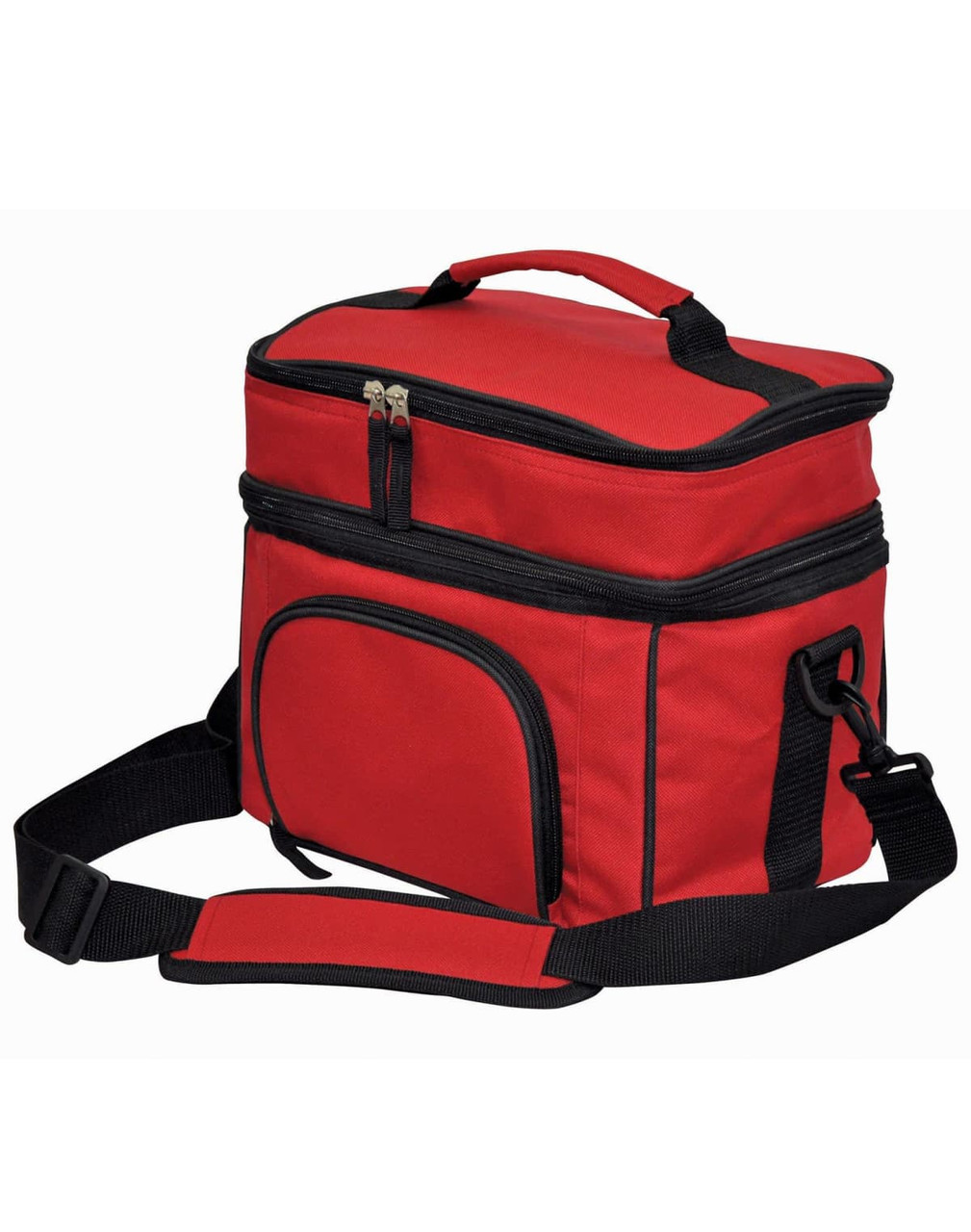 A red travel cooler bag with a black strap and zippers, featuring a front pocket and sturdy handles.