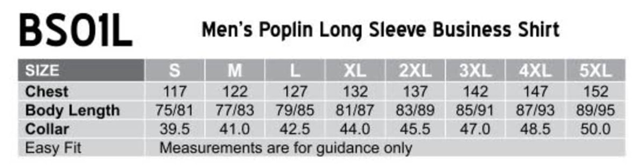 A table displaying size measurements for a Men's Poplin Long Sleeve Business Shirt, including chest and body length.