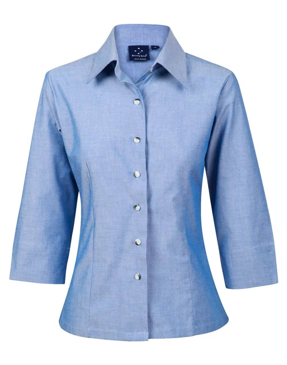 A light blue chambray shirt with 3/4 sleeves and a button-up front. The shirt features a collar and has a logo.