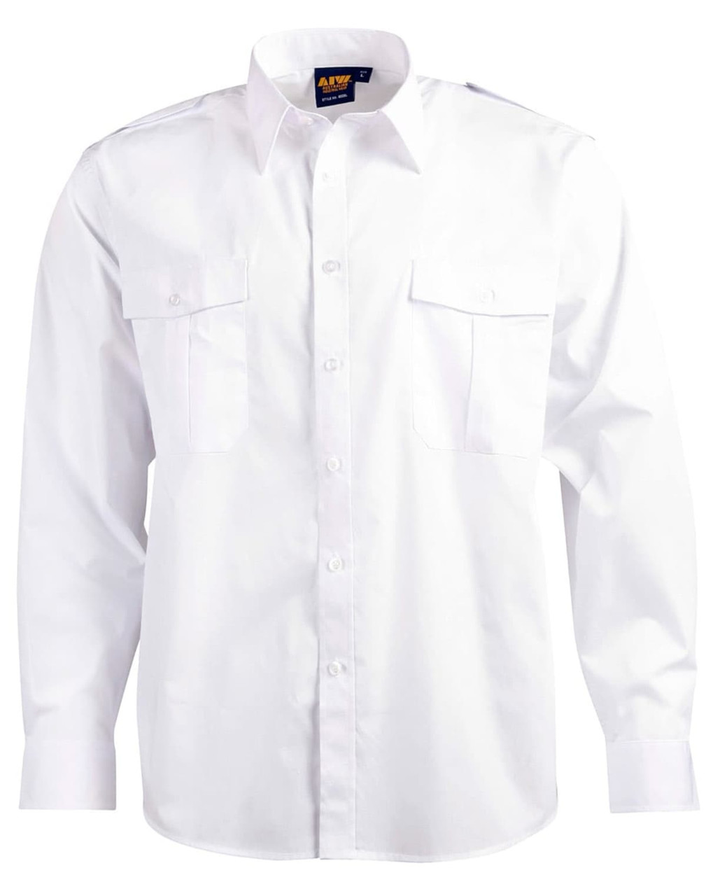 A white long sleeve button-up shirt featuring two chest pockets and a logo.