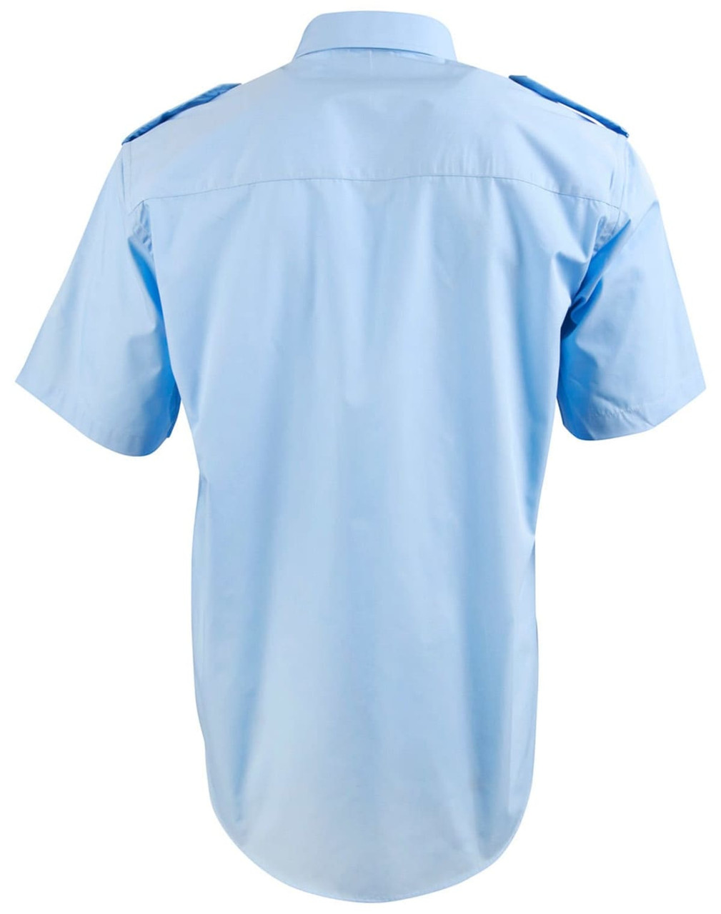 A light blue short sleeve button-up shirt with epaulettes on the shoulders and a smooth back design.