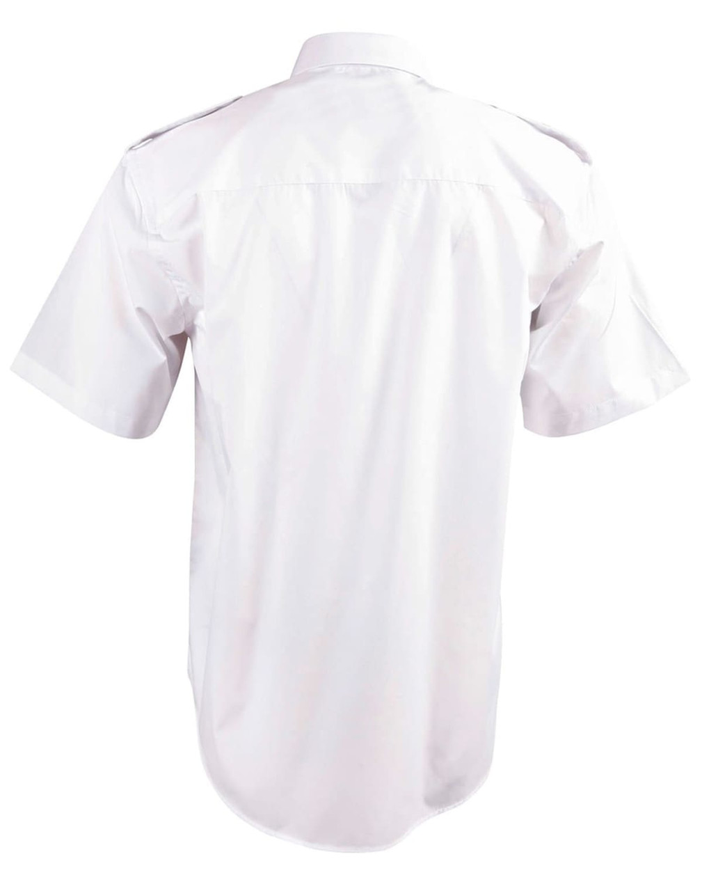 A white short sleeve button-up shirt with epaulettes and a smooth fabric texture, featuring a logo.