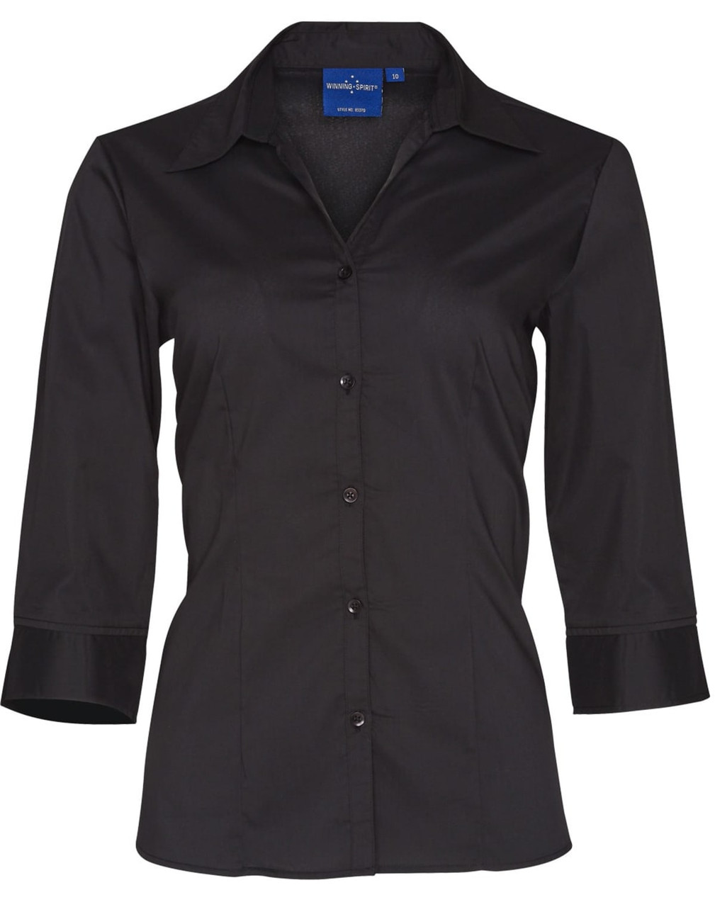 A black women's Teflon executive 3/4 sleeve button-up shirt with a collar and buttons down the front.