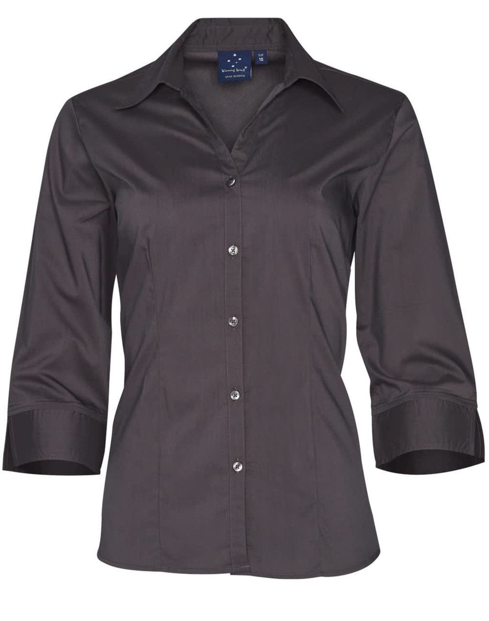 A women's dark grey 3/4 sleeve button-up shirt with a collar and branded label.