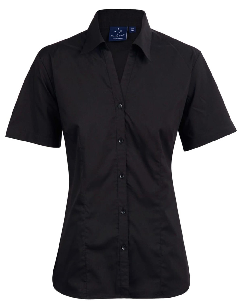 A black short sleeve button-up shirt with a collar and a logo on the tag.