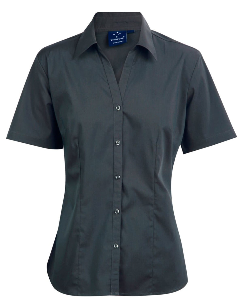 A dark grey short sleeve button-up shirt with a collar and a front button closure, featuring a logo.