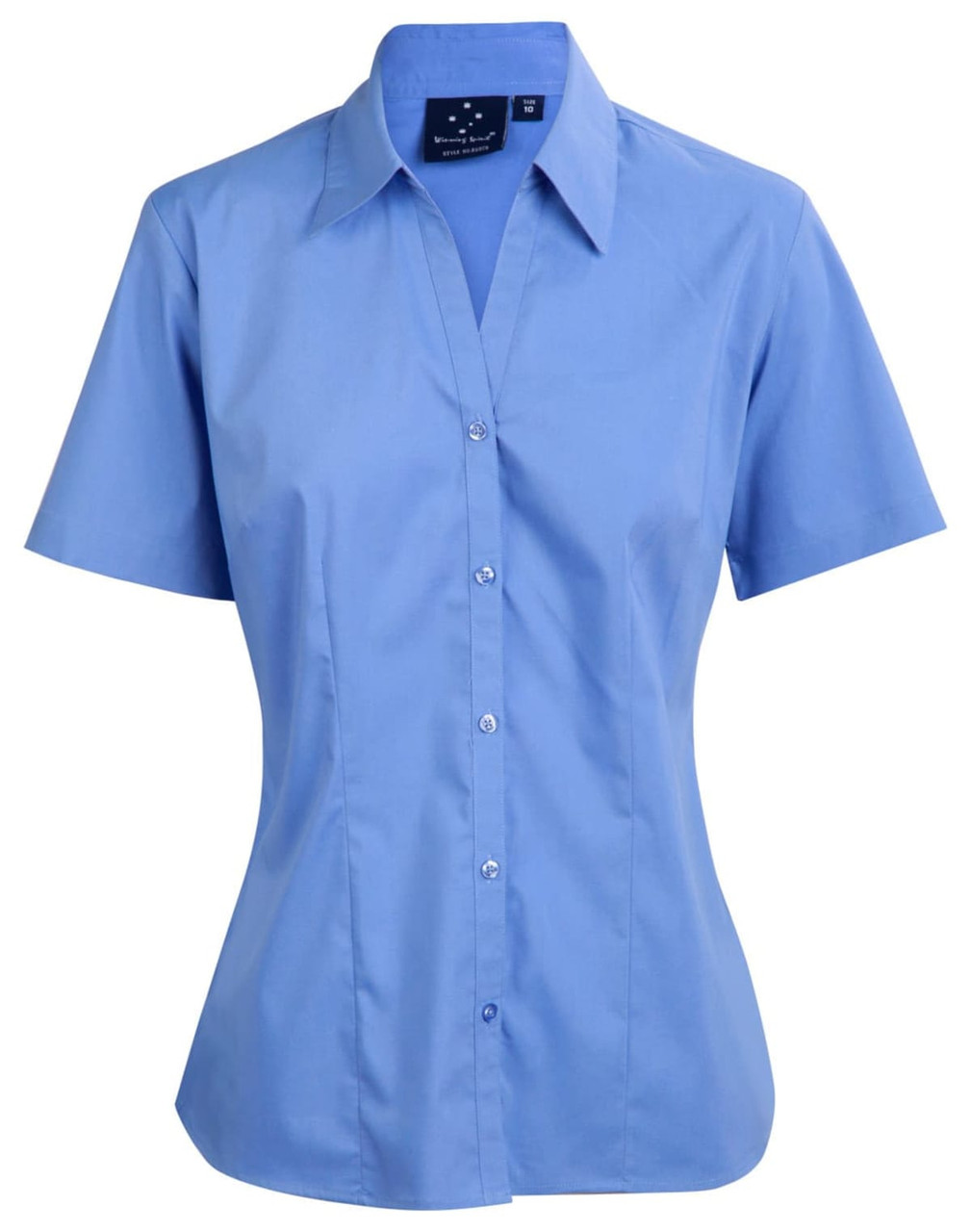 A light blue short sleeve button-up shirt with a fitted design and a branded label.