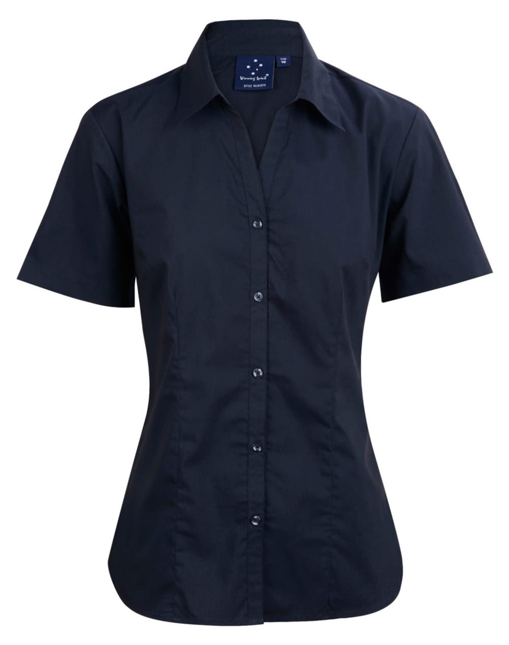 A short sleeve, button-up shirt in black with a fitted design and a collar, featuring a logo on the label.