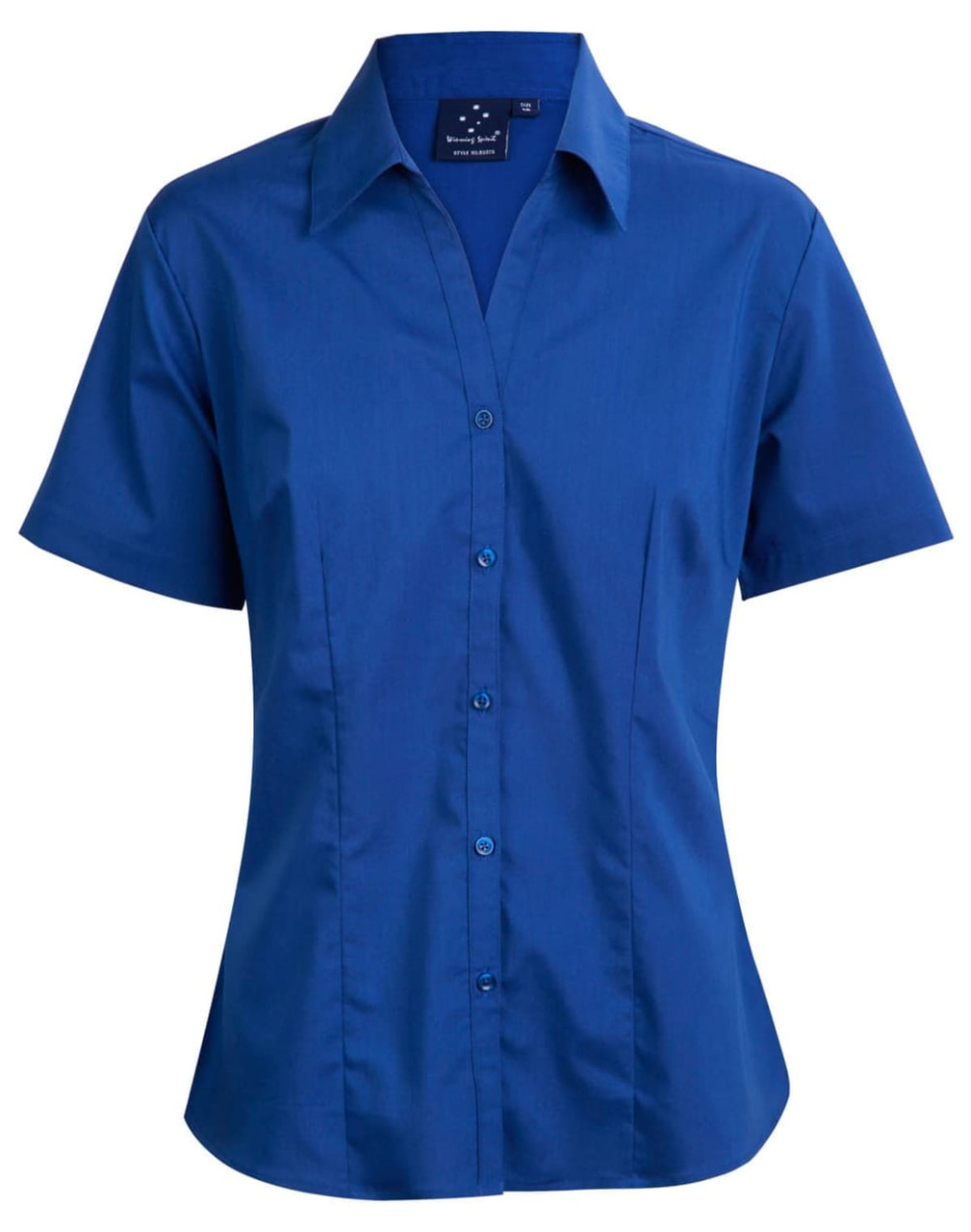 A royal blue short sleeve button-up shirt with a collar and fitted design, featuring a logo on the label.