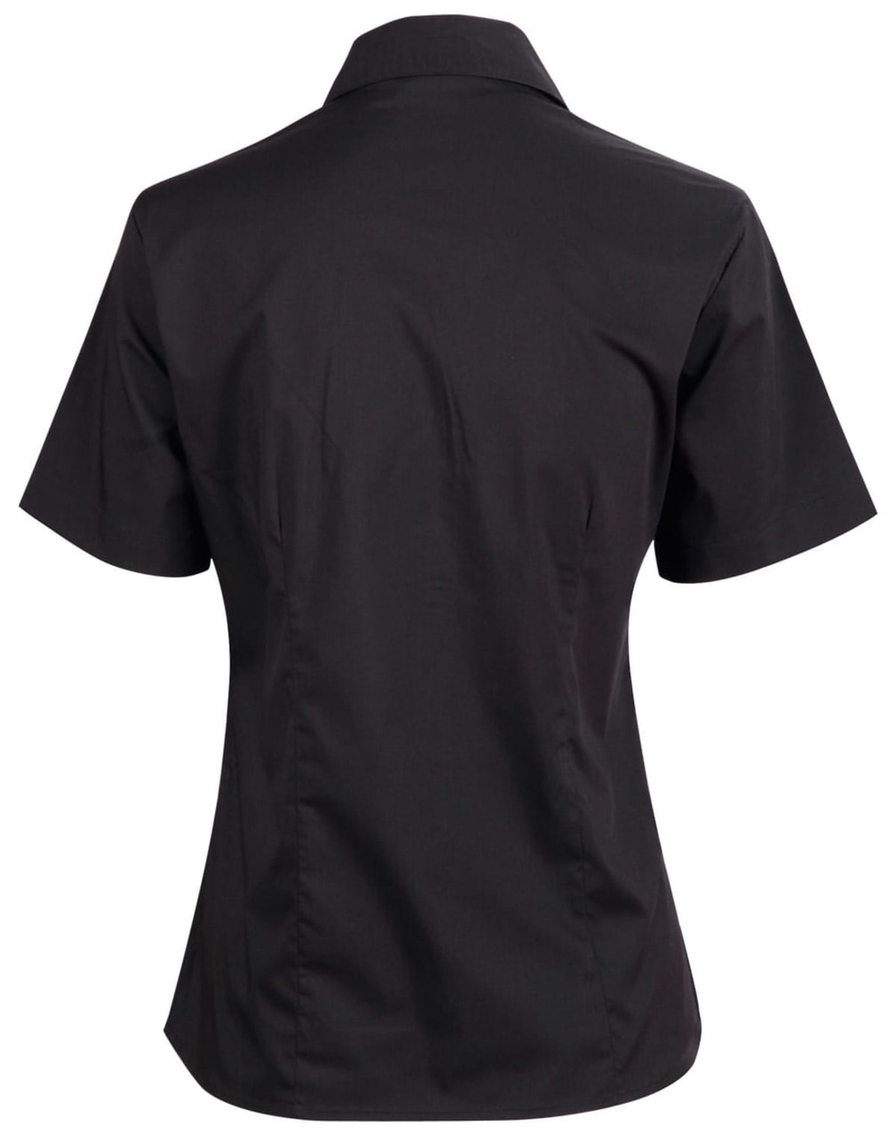 A black short sleeve button-up shirt with a fitted design and a collar, featuring a logo on the side.