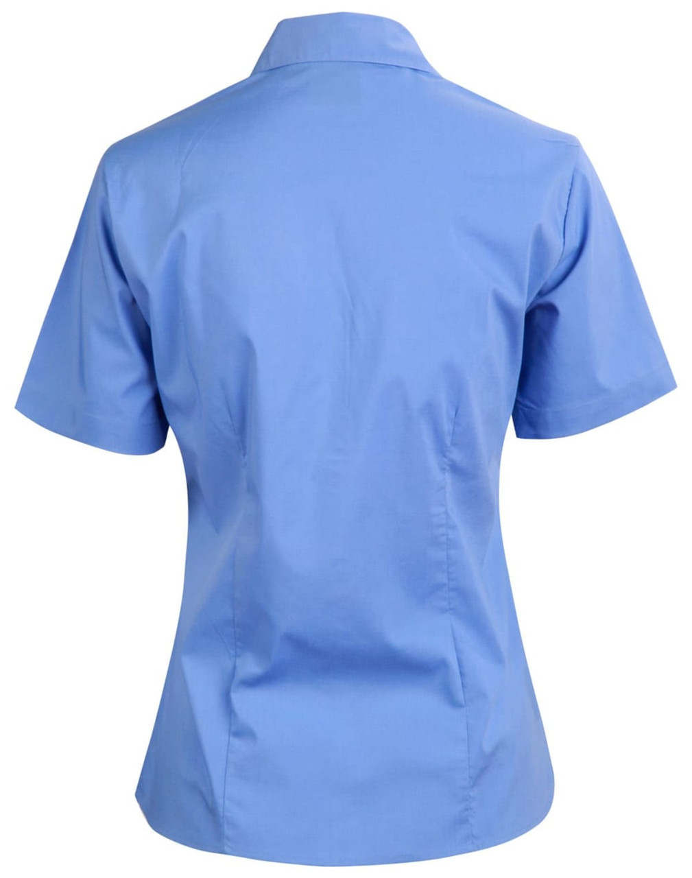 A light blue short sleeve button-up shirt with a collar, featuring a logo.