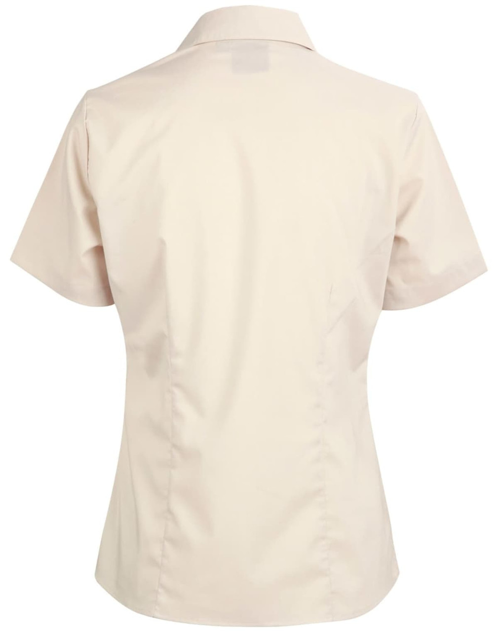 A beige short sleeve button-up shirt with a fitted design and a collar, featuring a logo on the back.