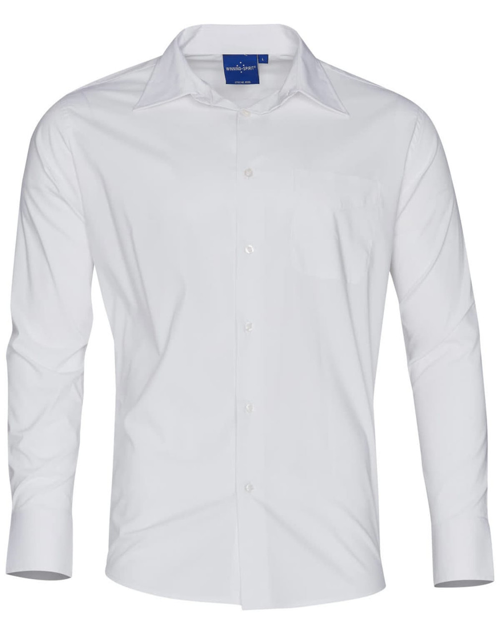 A white long sleeve button-up shirt with a pocket and an attached logo on the collar.